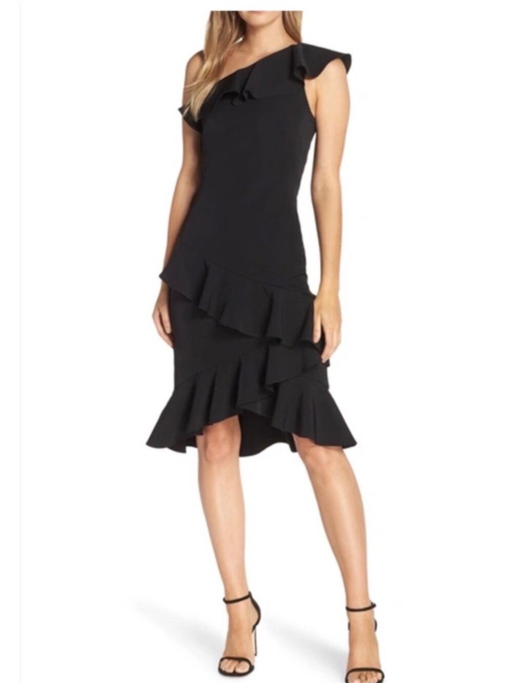 Vince Camuto One Shoulder Tiered Ruffle Dress Women 6 Black Bodycon Cocktail LBD
